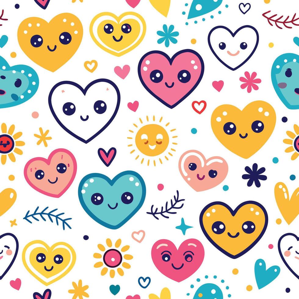 Seamless pattern with cute cartoon hearts, suns, and flowers on white background. vector
