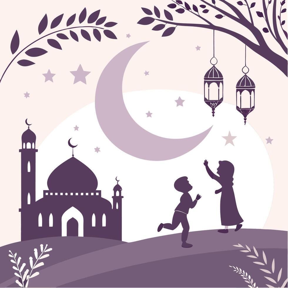 ramadan kareem greeting card with children and mosque illustration vector