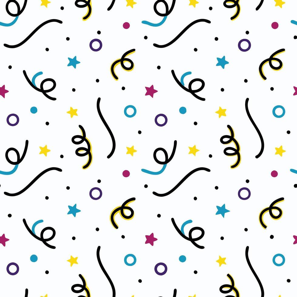 Seamless pattern with colorful confetti, stars, and circles on white background. vector