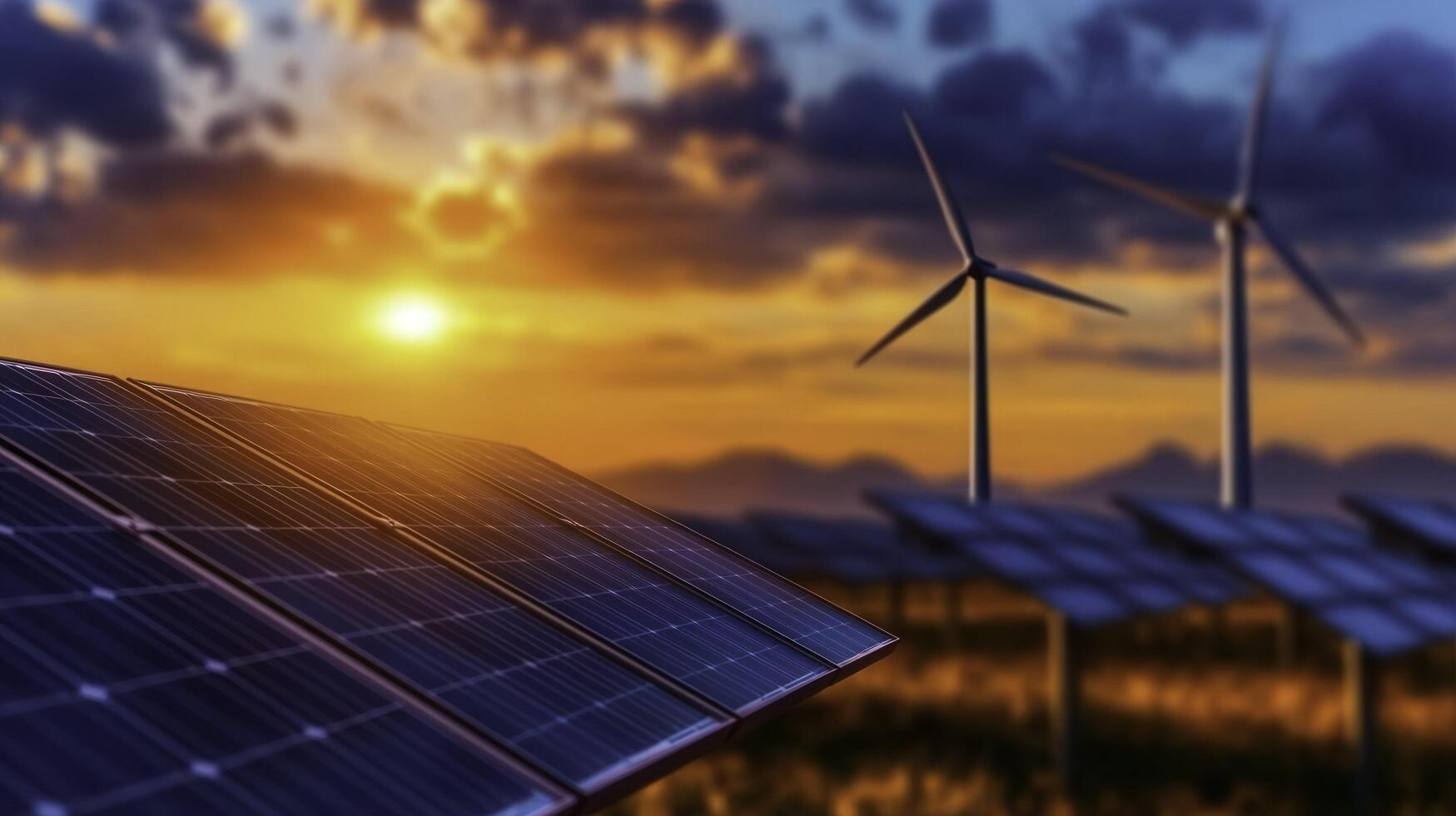 Wind Turbines Behind Solar Panels During Sunset in Scenic Landscape photo