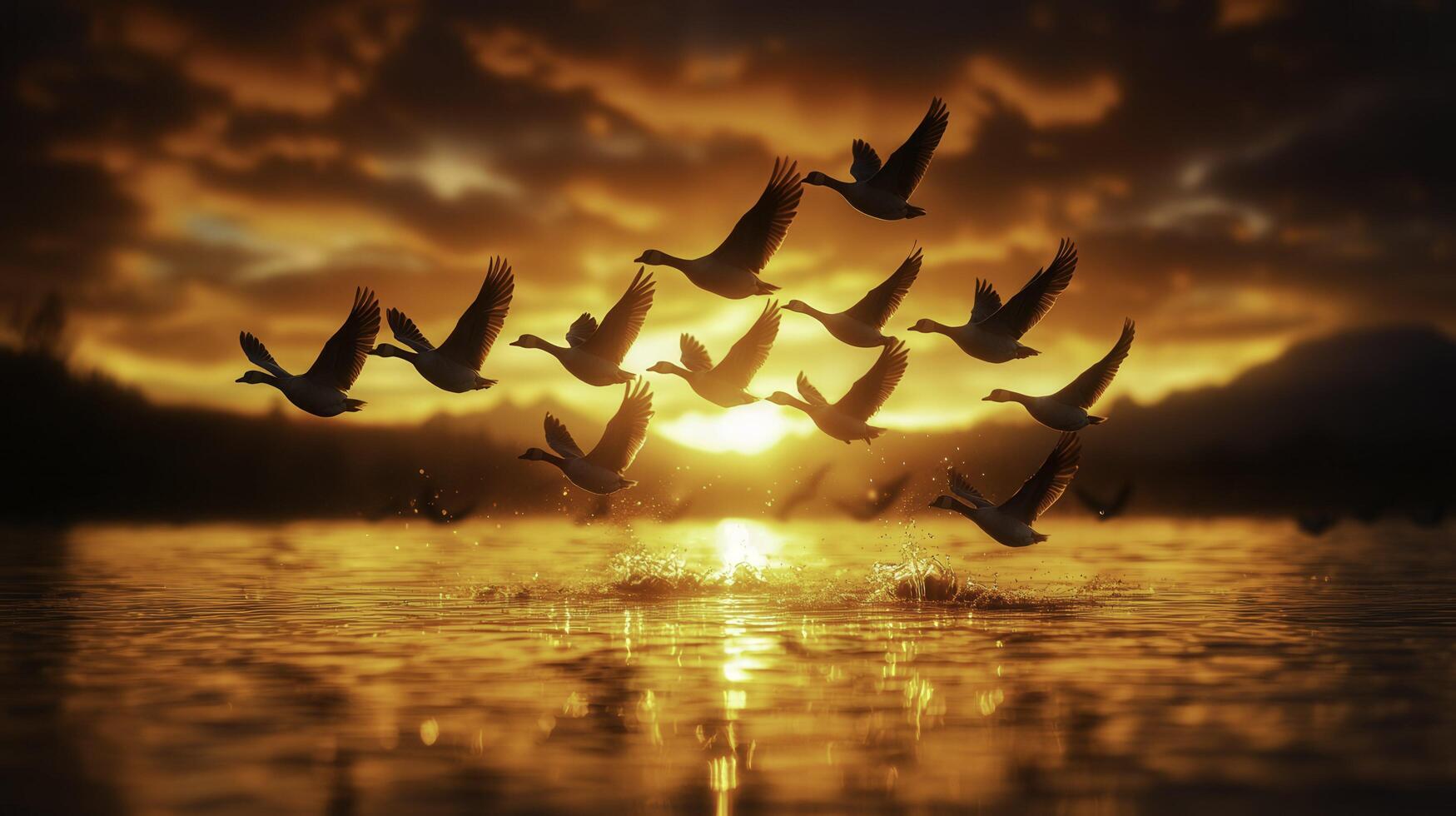 Silhouette of Geese Flying Across Lake During Stunning Sunset photo