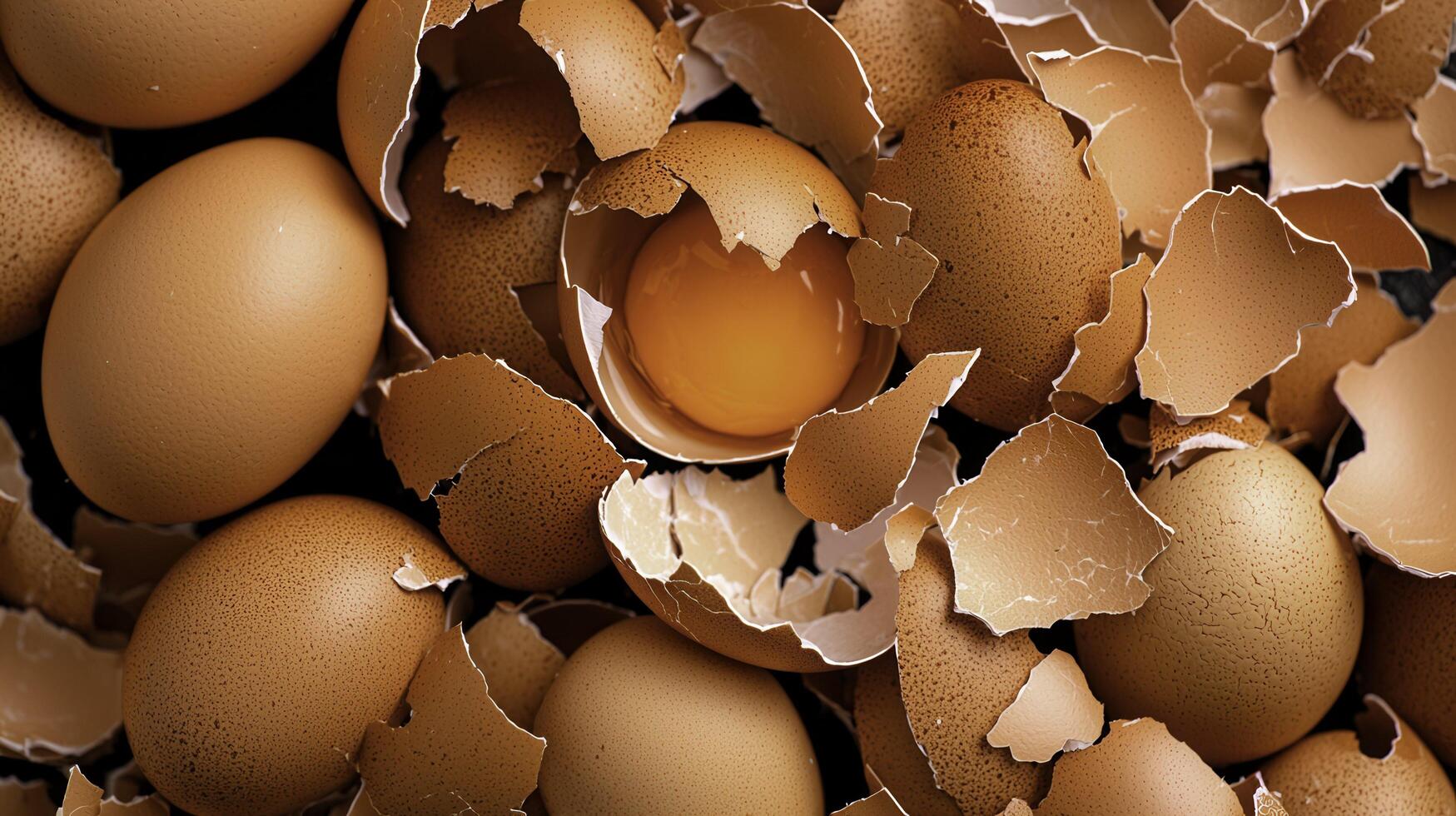 Detailed Macro of Cracked Egg Shells with Orange Yolk in Low Resolution photo