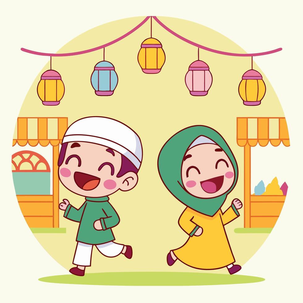 Happy Muslim children walking in a market, decorated with lanterns vector