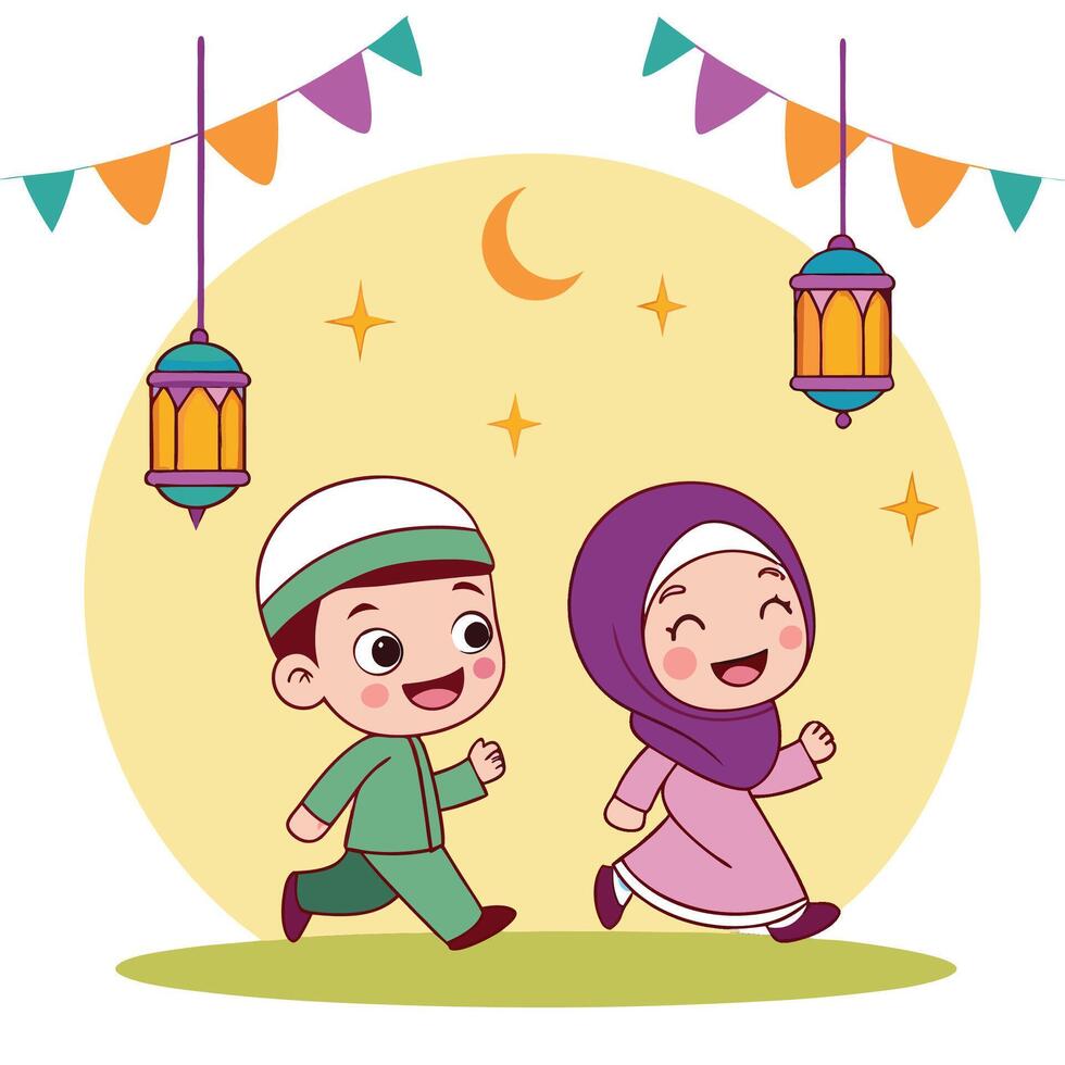 Happy Muslim children walking during a celebration vector