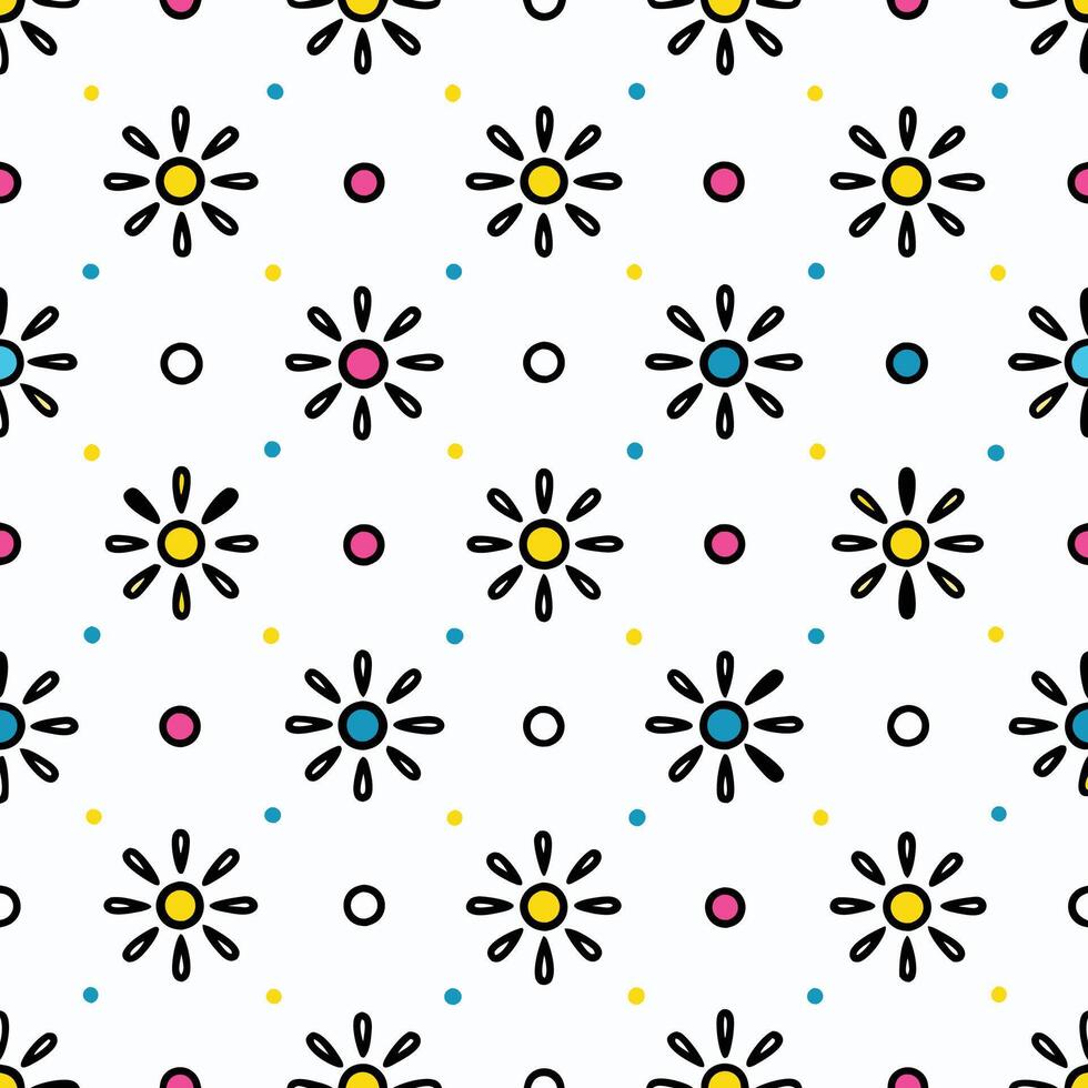 Seamless pattern with colorful flowers and dots on white background. vector