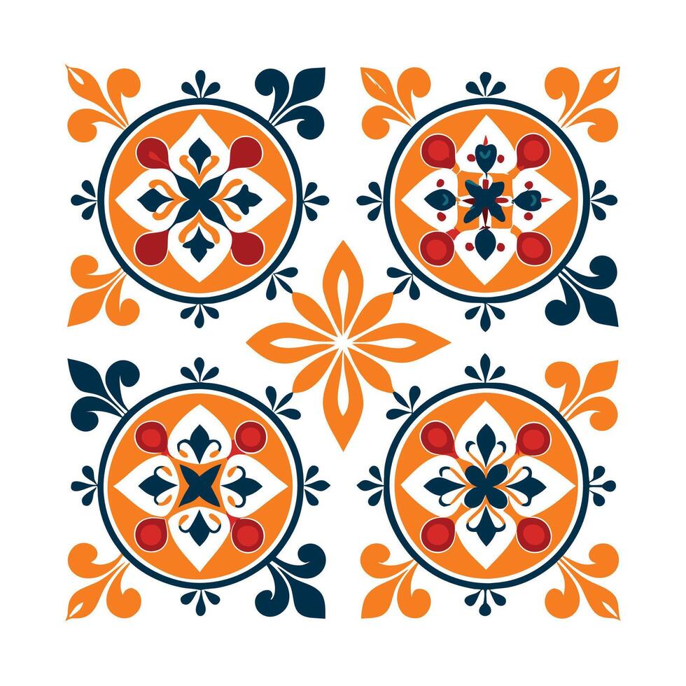 Ornate tile pattern design with circular floral motifs in orange, red, white and navy blue. vector