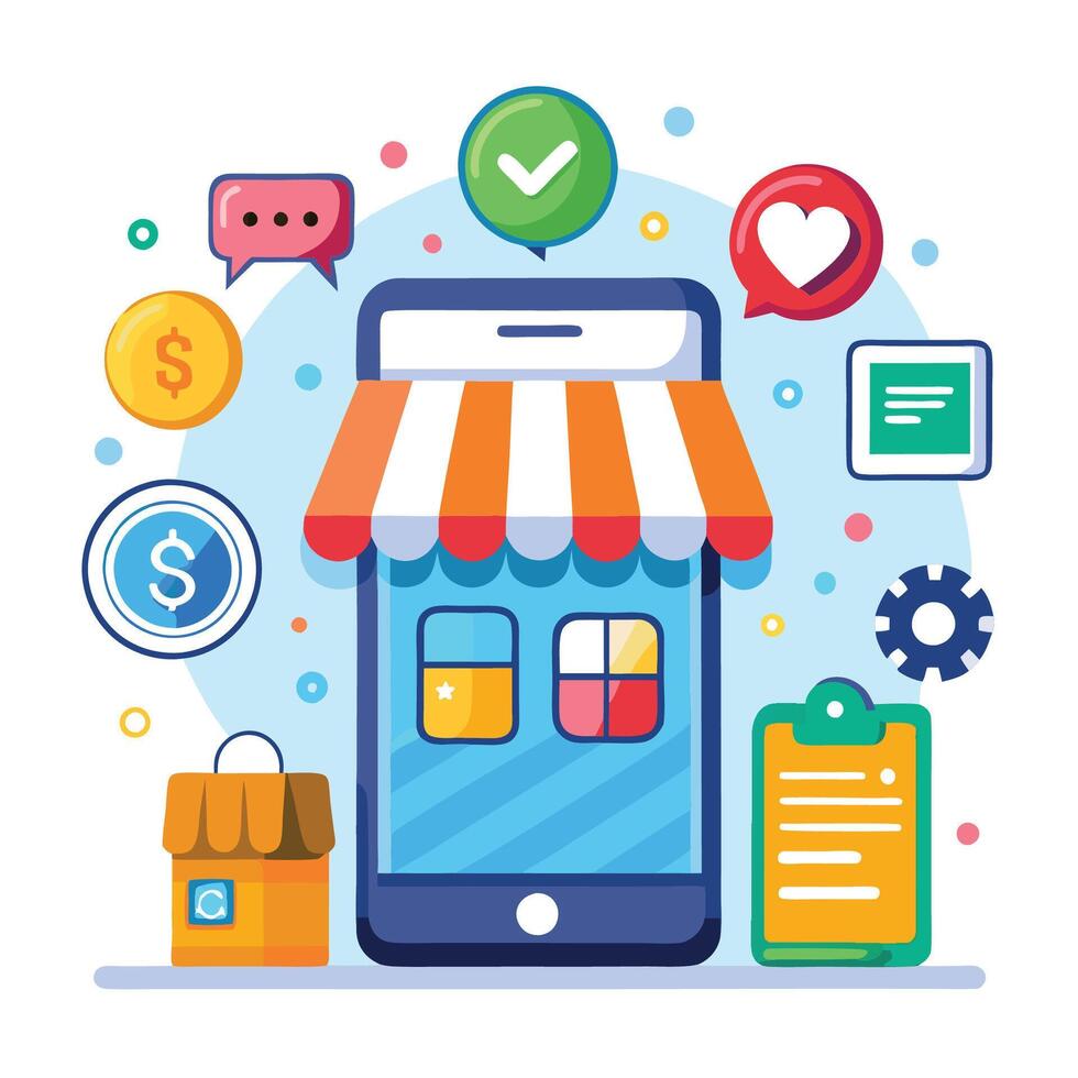 Mobile phone with online shop interface, surrounded by icons representing payments, messages, and a checklist. vector