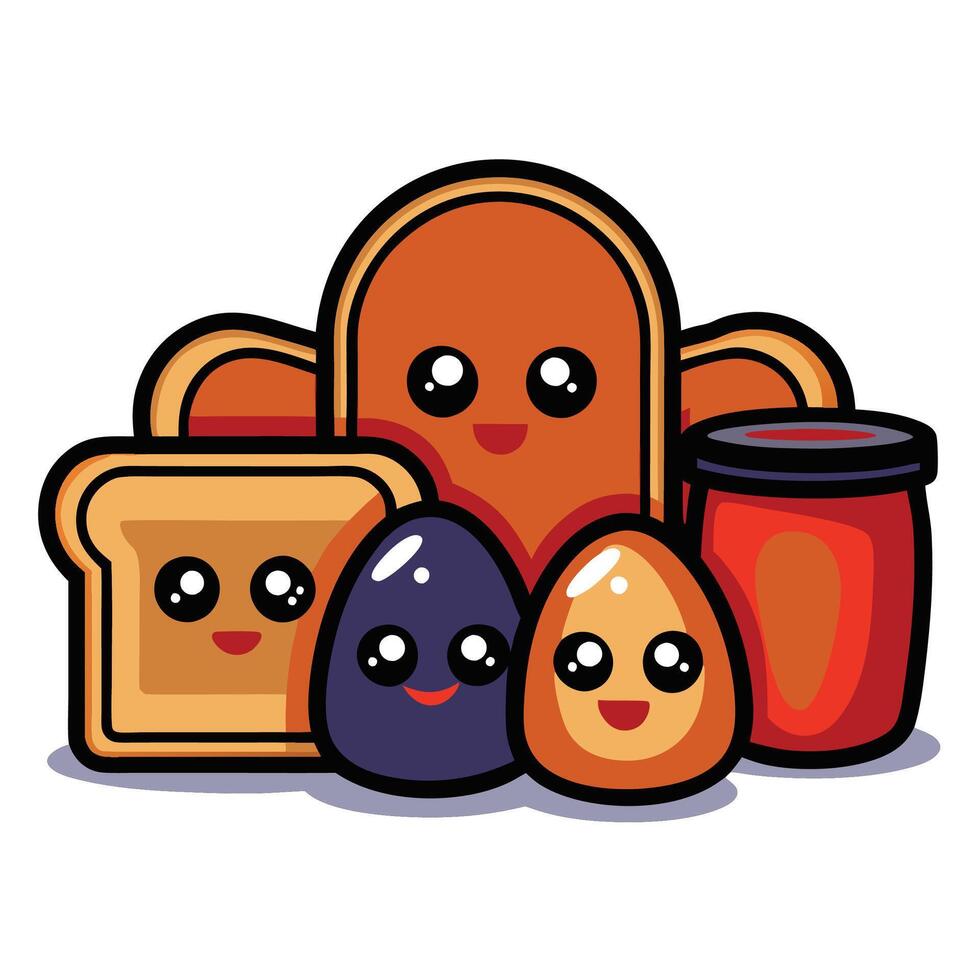 a cartoon of toast, eggs and jam vector