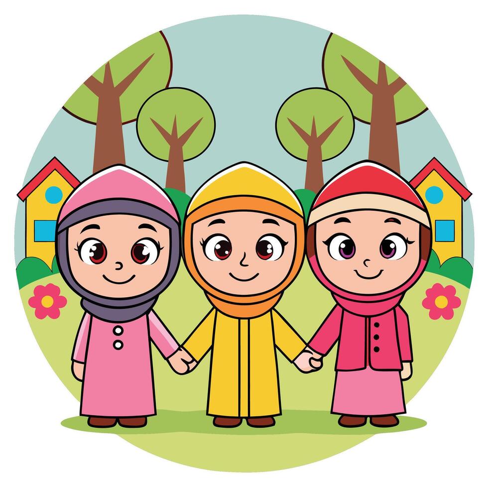 Three cute girls holding hands, walking in a park near houses. vector