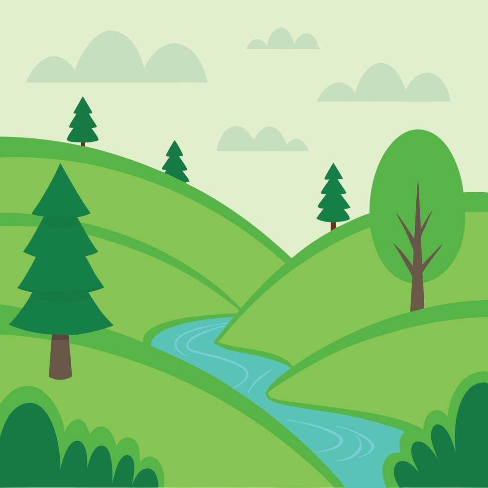 Serene landscape illustration featuring rolling green hills, a meandering river, and various trees under a pale sky. vector