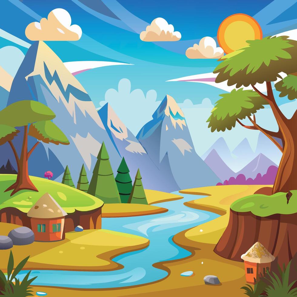 Colorful Cartoon Mountain Landscape with River and Homes vector