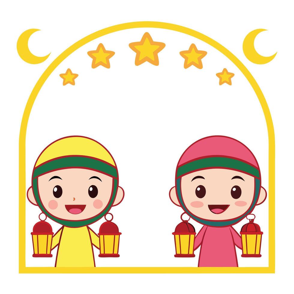 Two cheerful children holding lanterns under a crescent moon and stars. vector