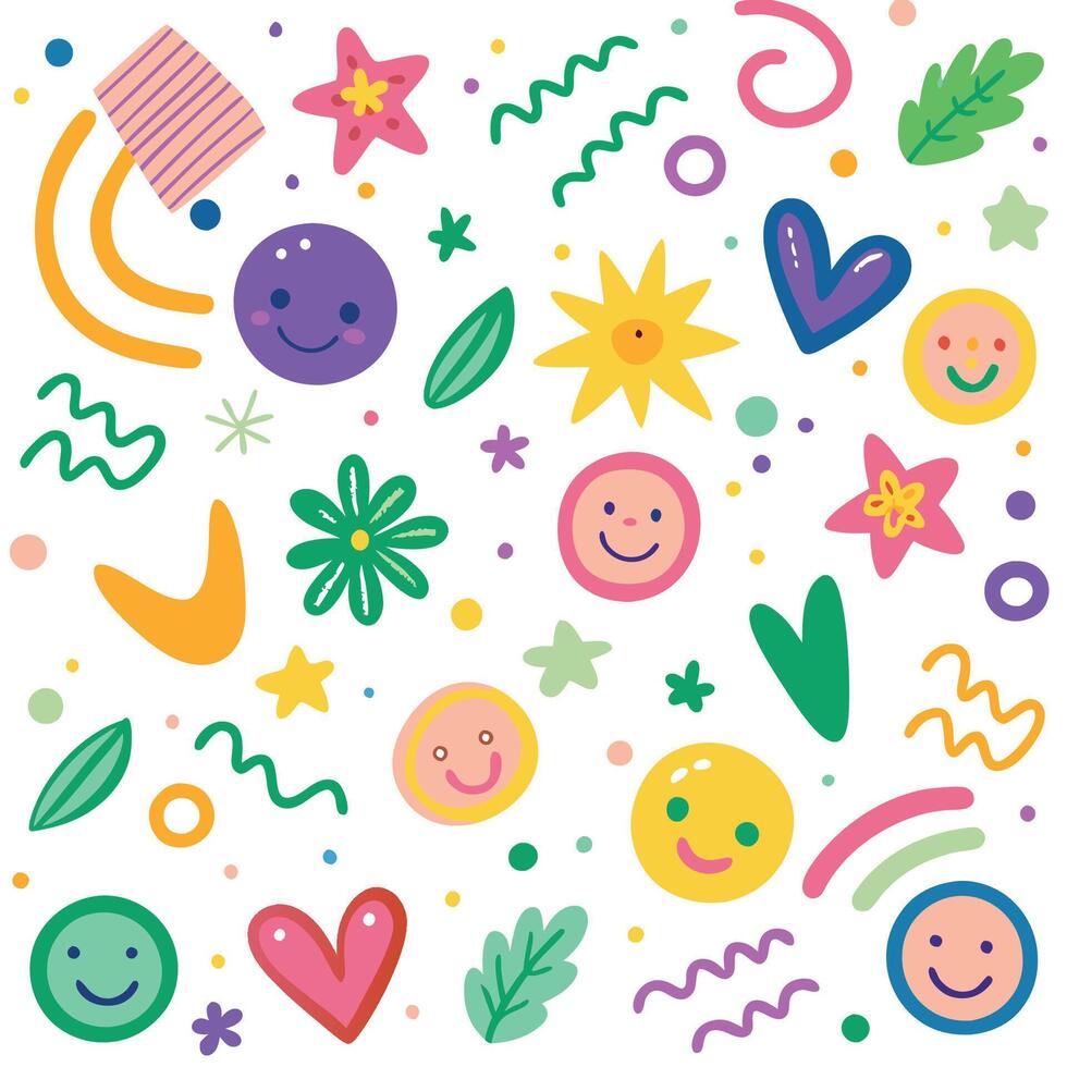 Colorful, Abstract Pattern with Faces, Flowers, and Shapes vector