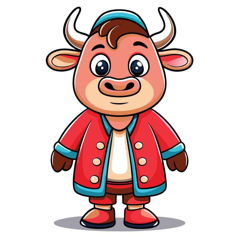 Cute Cartoon Ox Character in Red Outfit vector