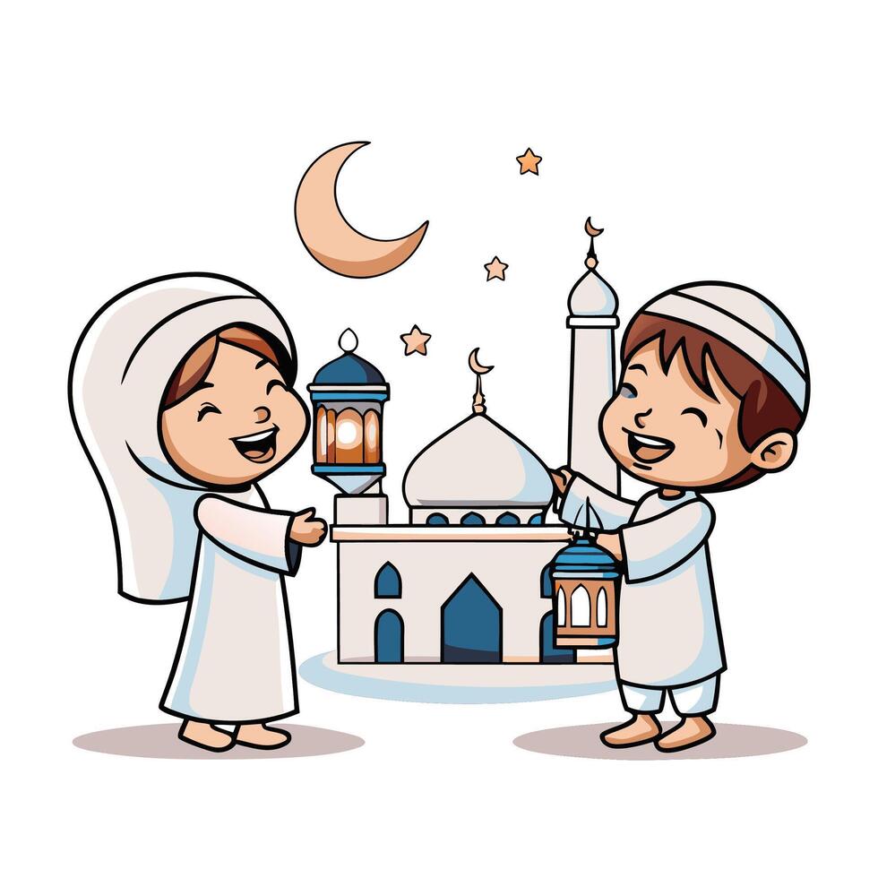 Children near a mosque during Ramadan vector