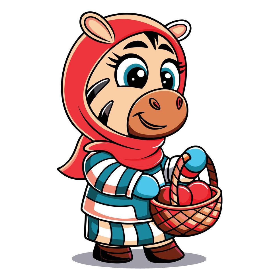 Cute zebra girl with a basket of fruits vector