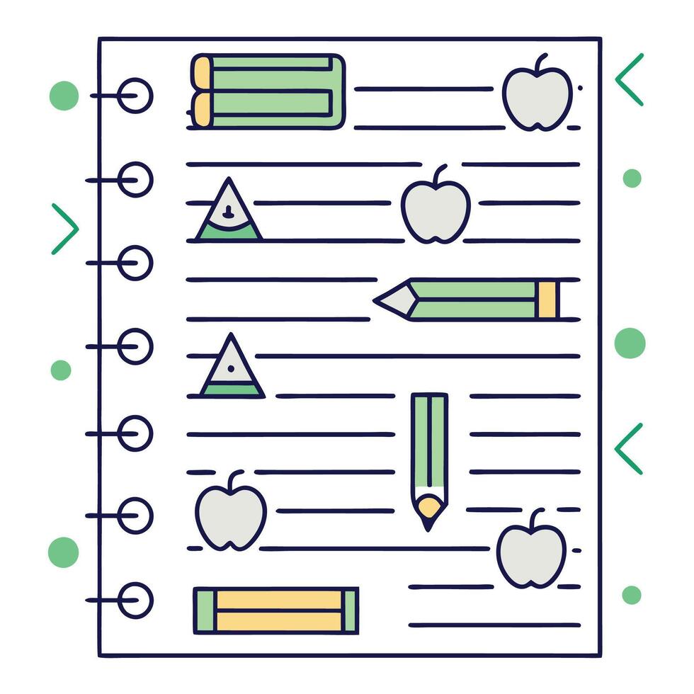 Spiral notebook page with apples, pencils, and geometric shapes. vector