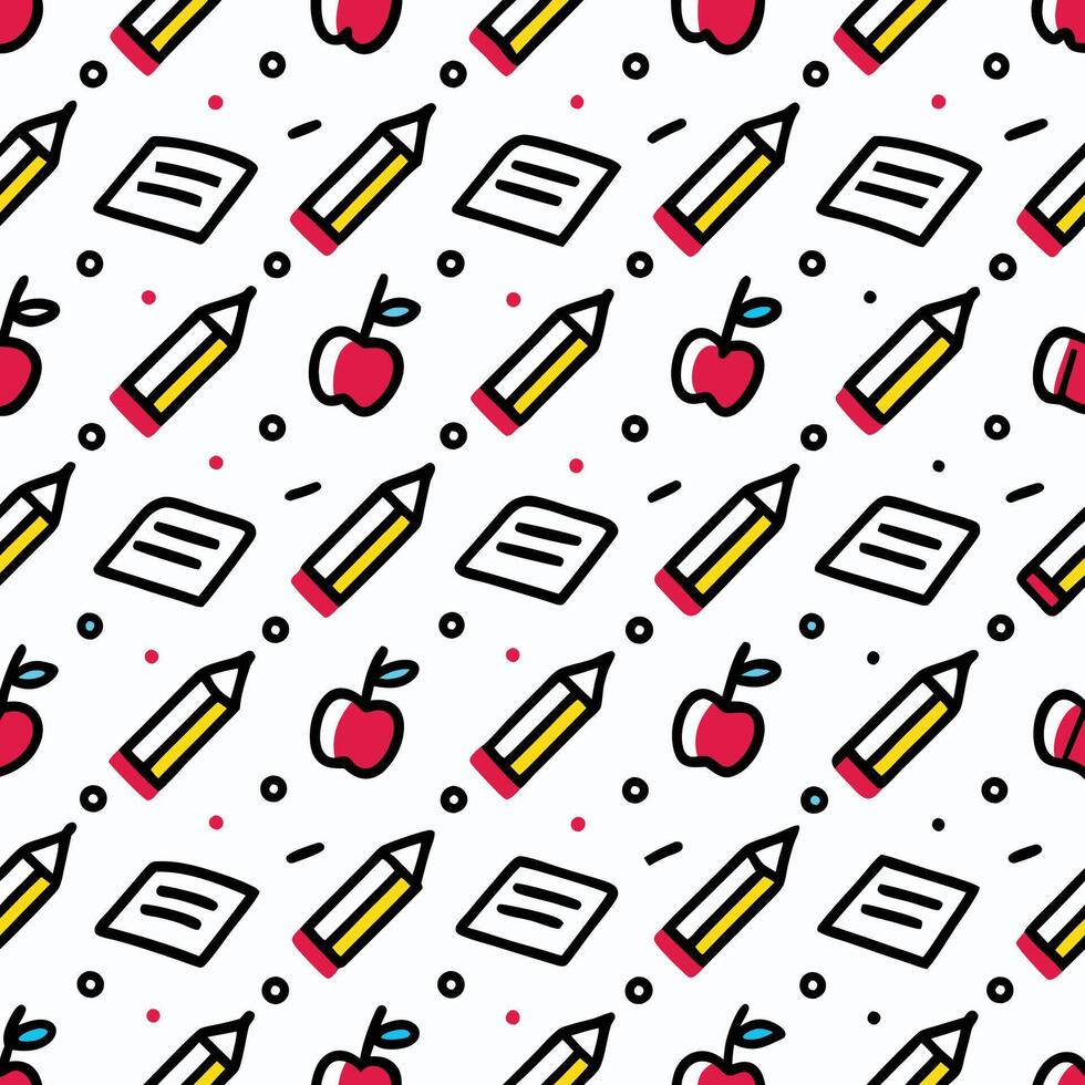 a pattern with pencils, apples and other school supplies vector