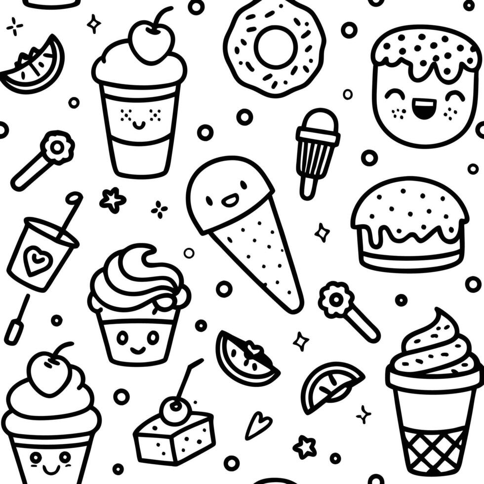 a black and white pattern with ice cream, donuts and other items vector
