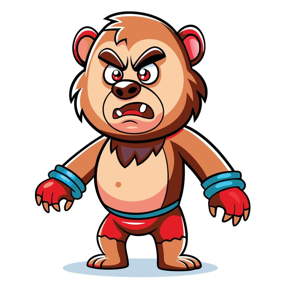 Angry cartoon bear wearing boxing gloves and shorts vector