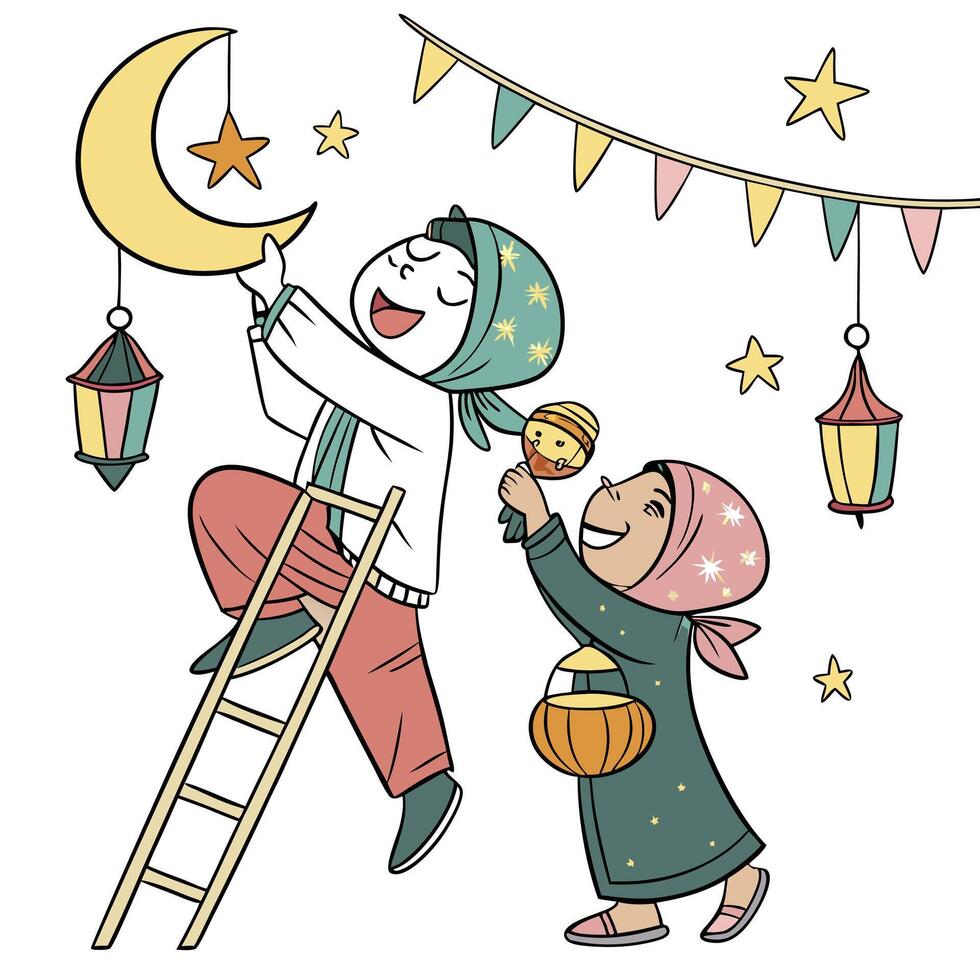 Children decorate for a celebration with a moon, stars, and lanterns vector
