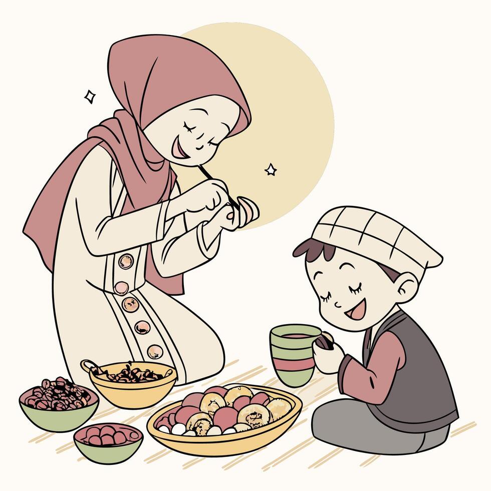 Mother and Son Enjoying a Meal Together vector