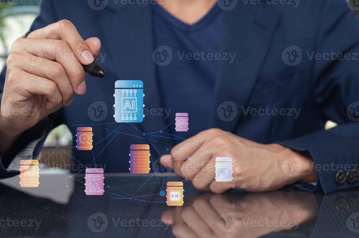 Business Professional Using AI Icons for Data Management Concept photo