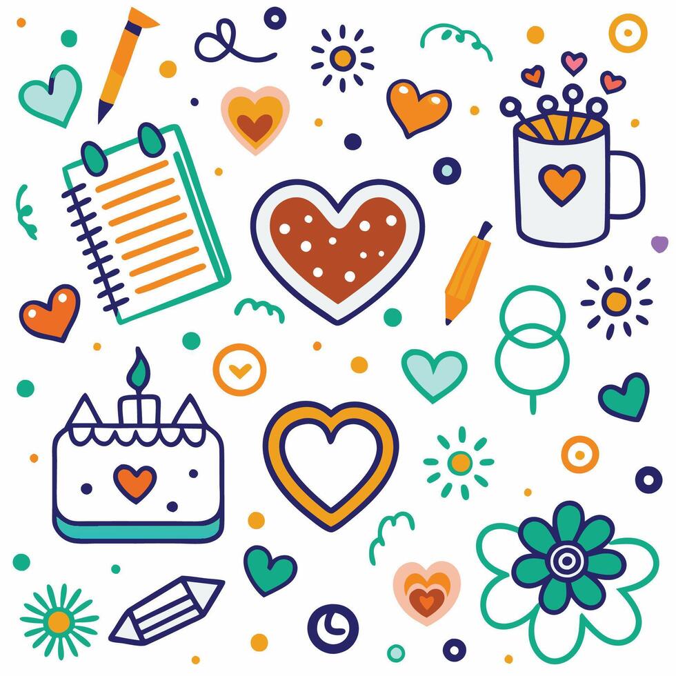 a set of colorful icons with a heart, notebook, pen, and other items vector