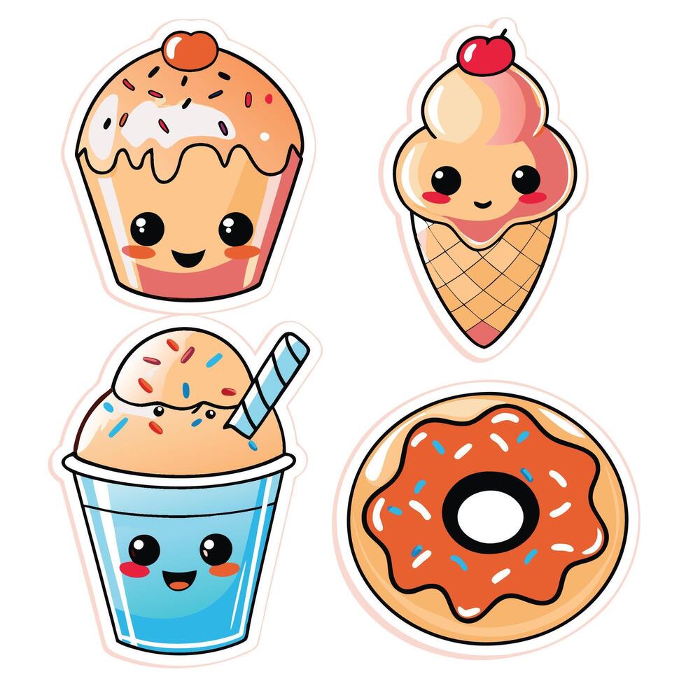 cute ice cream, donut and cupcake stickers vector