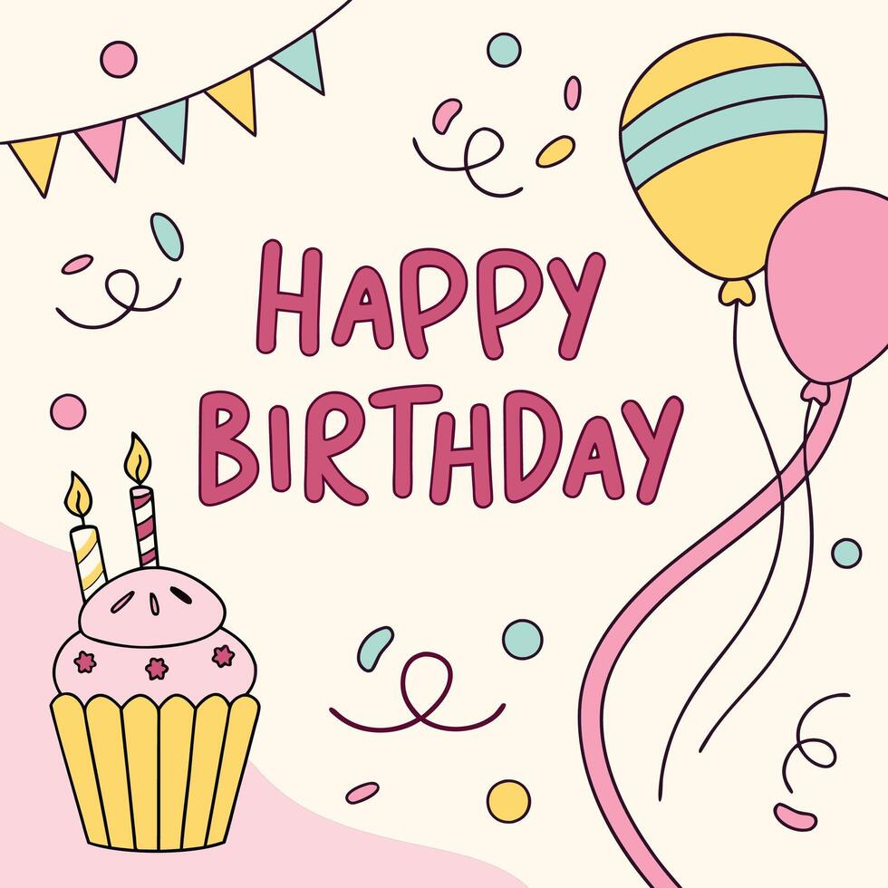 Happy Birthday card with cupcake, balloons, and confetti. vector