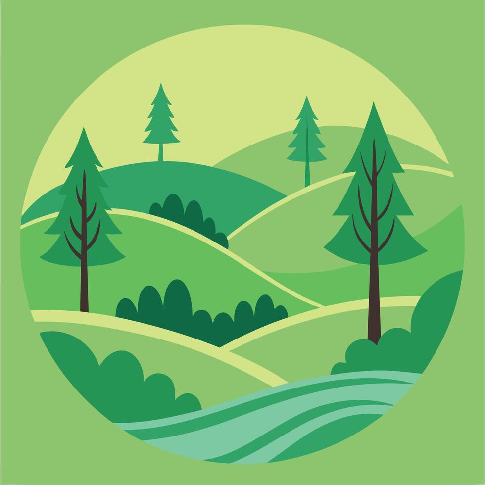 a green landscape with trees and hills vector