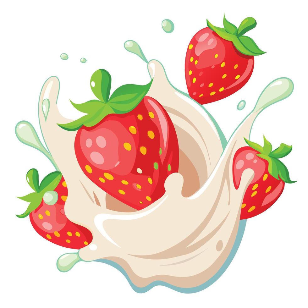 Strawberries splashing in creamy yogurt. vector
