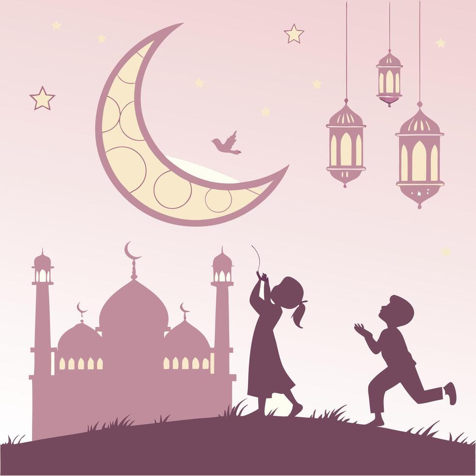 Children praying, mosque, crescent moon, lanterns vector