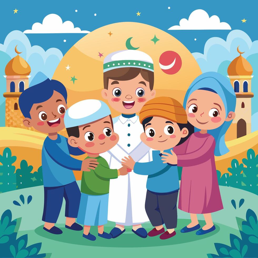 Children of different faiths embracing in a peaceful scene vector