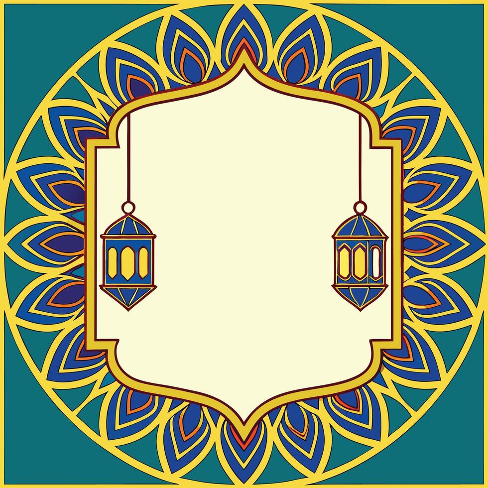 Ornate frame with hanging lanterns and mandala design. vector
