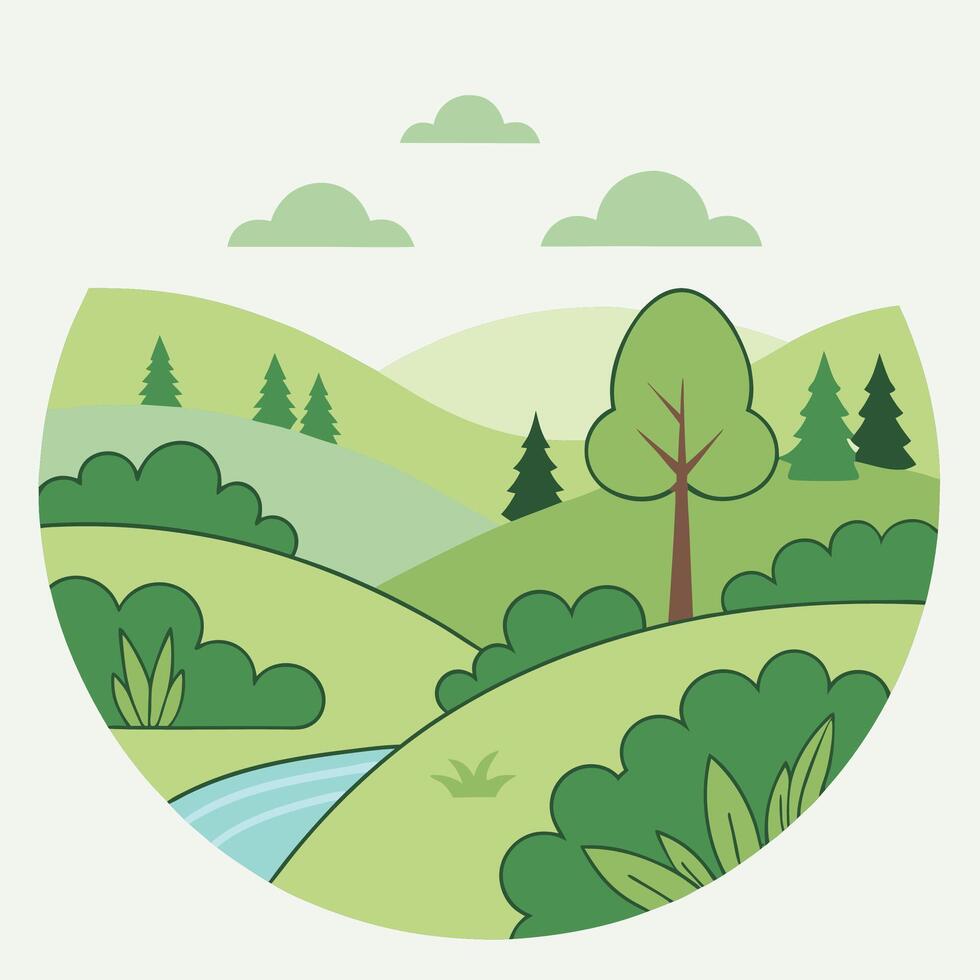 a green landscape with trees and a river vector