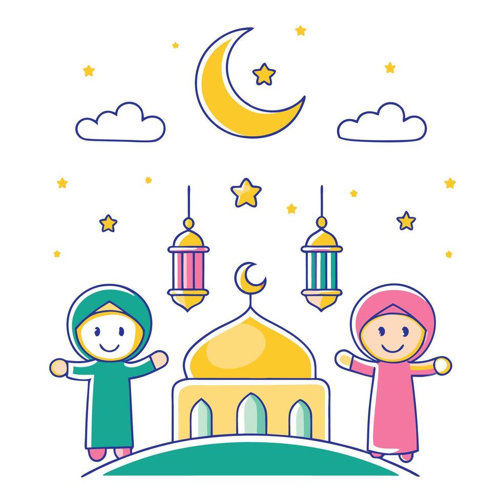 Cartoon Muslim Children at Mosque at Night vector