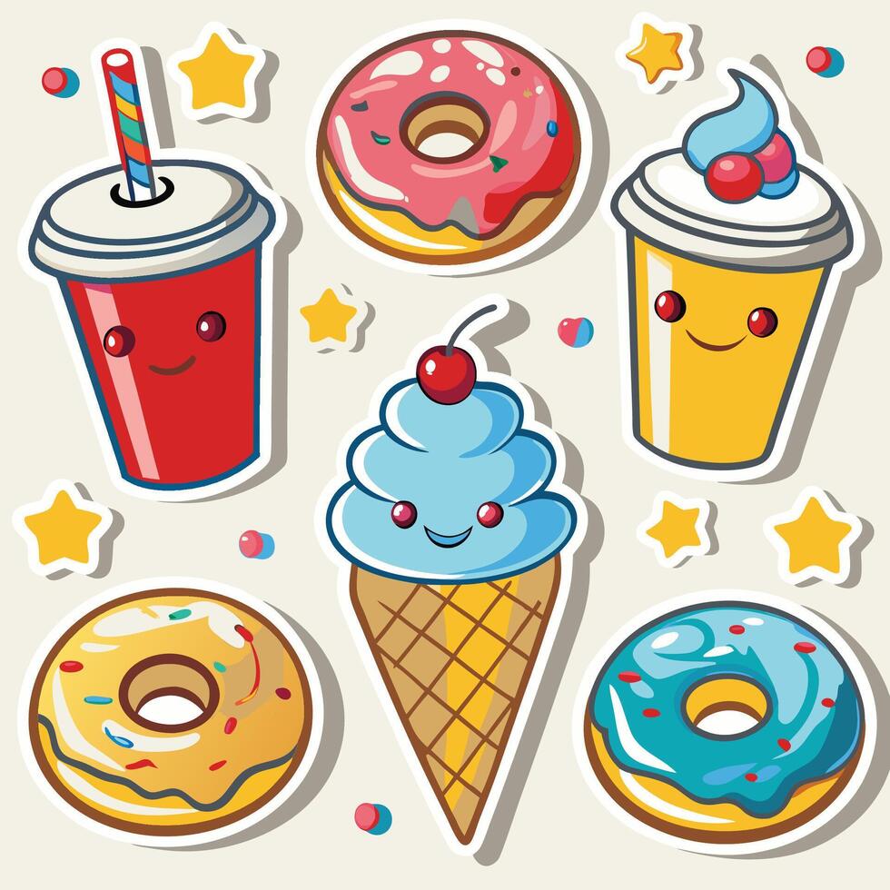 cute donuts and ice cream with donut cup and donut vector