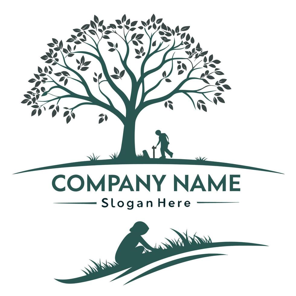 Nature-inspired logo with a person tending a grave, beneath a tree, and grassy area vector