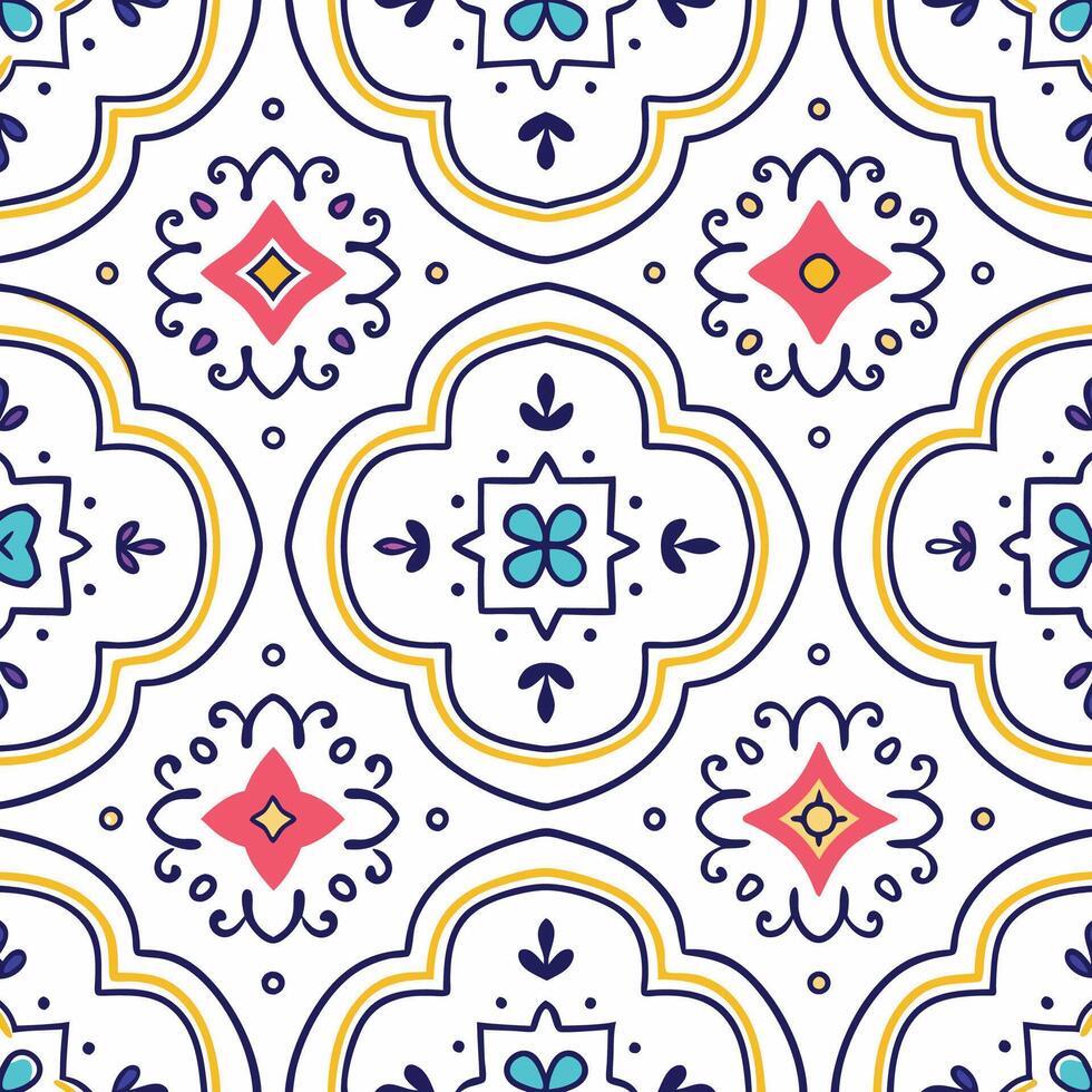 a colorful tile pattern with blue, red and yellow flowers vector