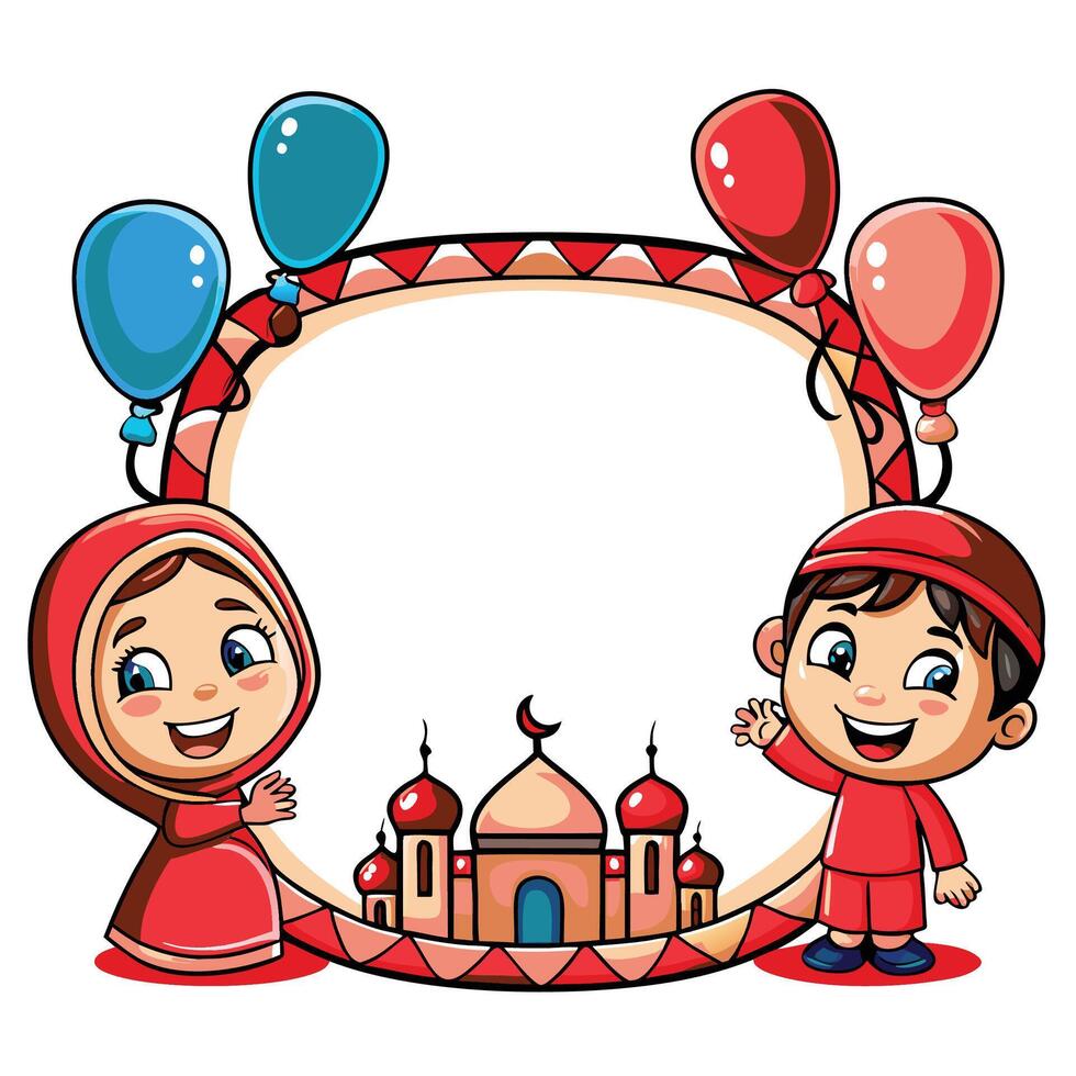 Cartoon kids with mosque and balloons vector