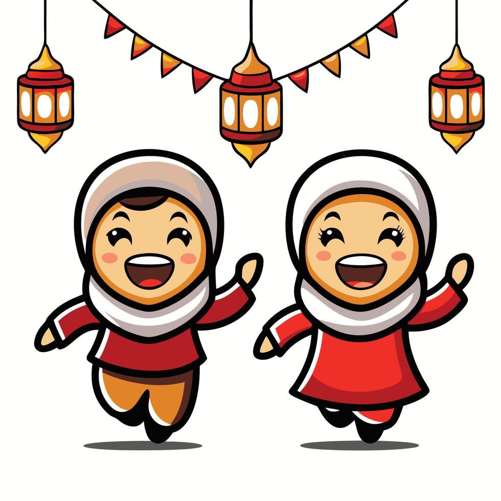 Happy Muslim Children with Lanterns vector