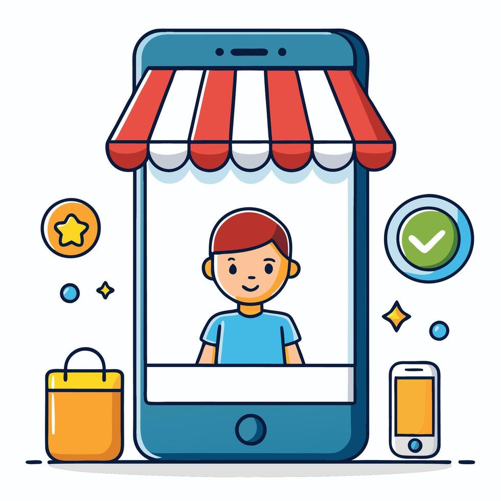 online shopping concept with a man on a smartphone vector