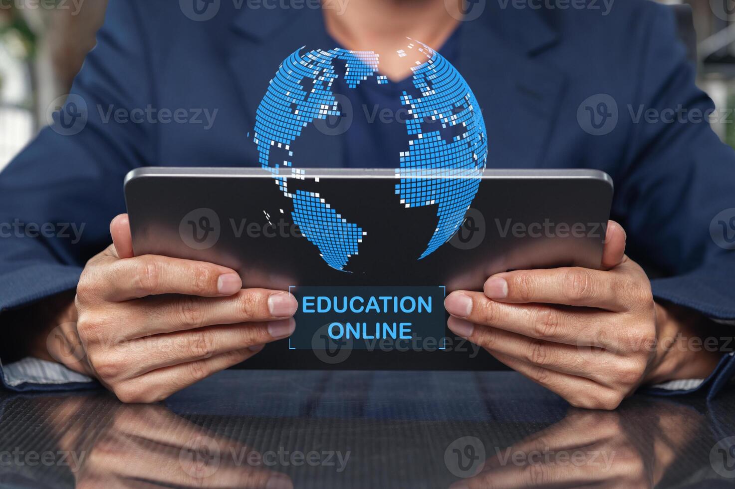 Person Holding Tablet with Digital Globe for Online Education Concept photo
