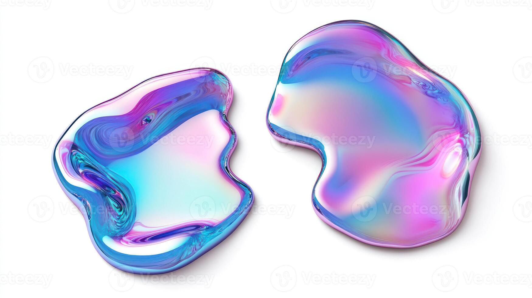 Two iridescent abstract blobs of liquid on a white background photo