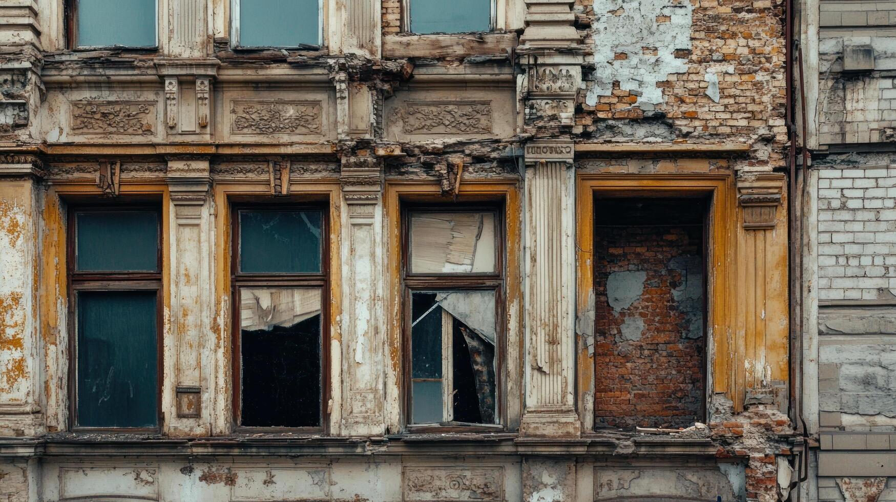 Weathered Facade with Crumbling Windows and Brickwork photo