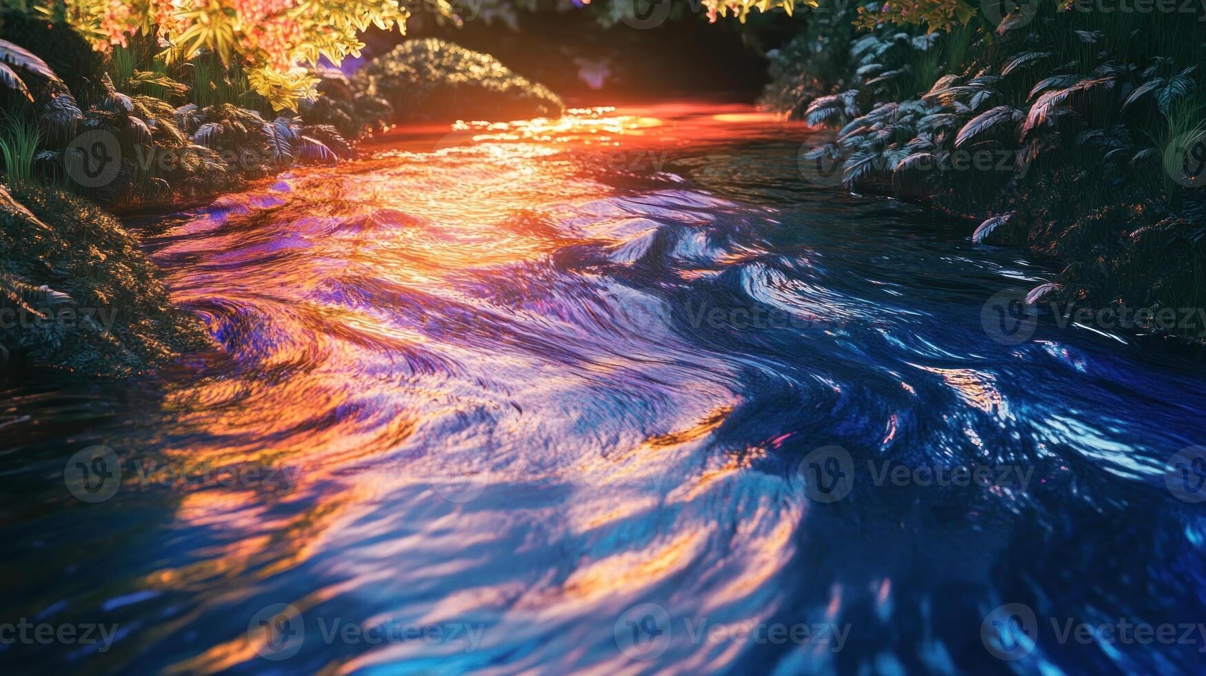 A Stream Flowing Through Lush Foliage at Sunset photo