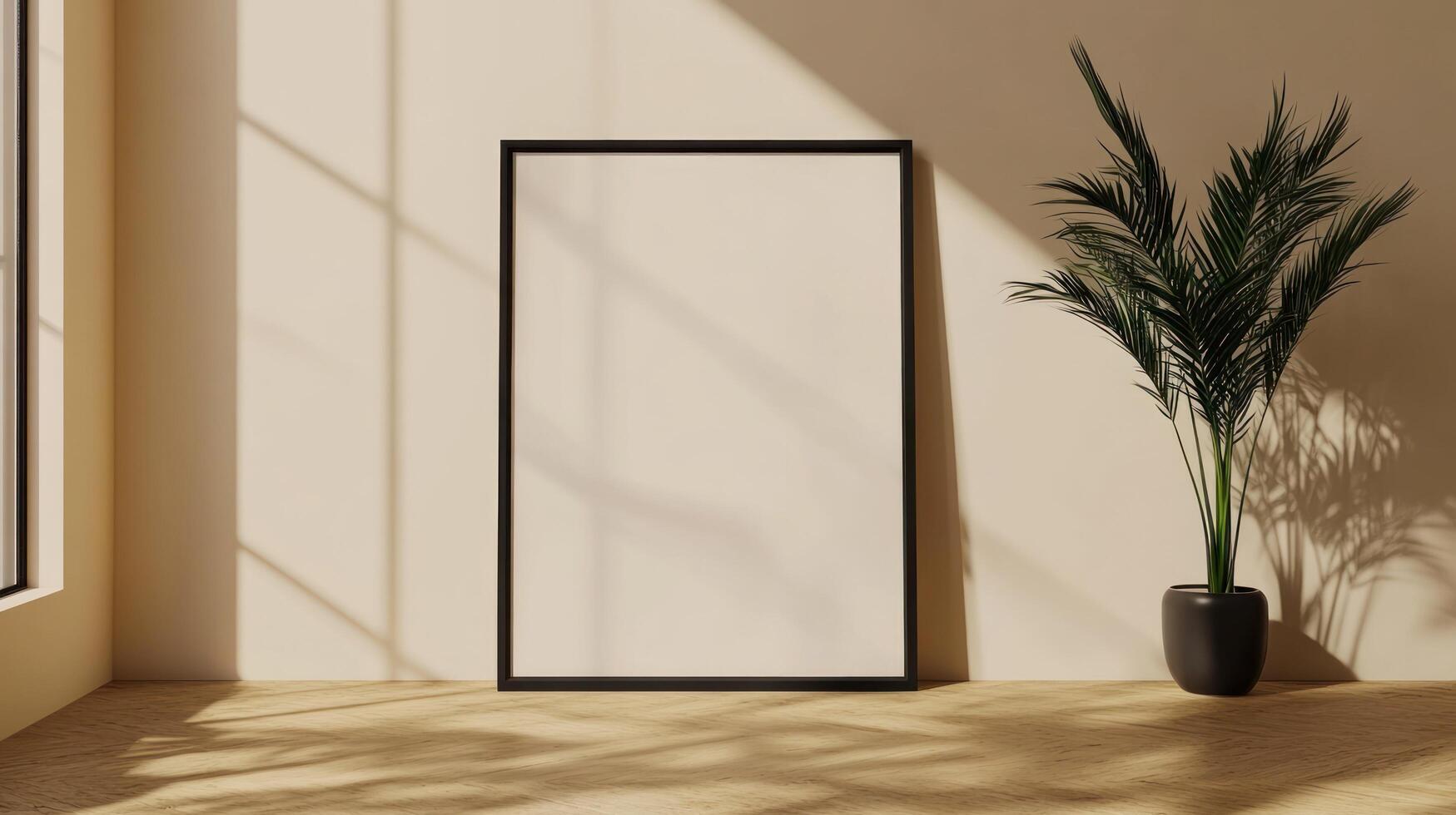 Minimalist Interior Design with a Blank Frame and Palm Plant photo
