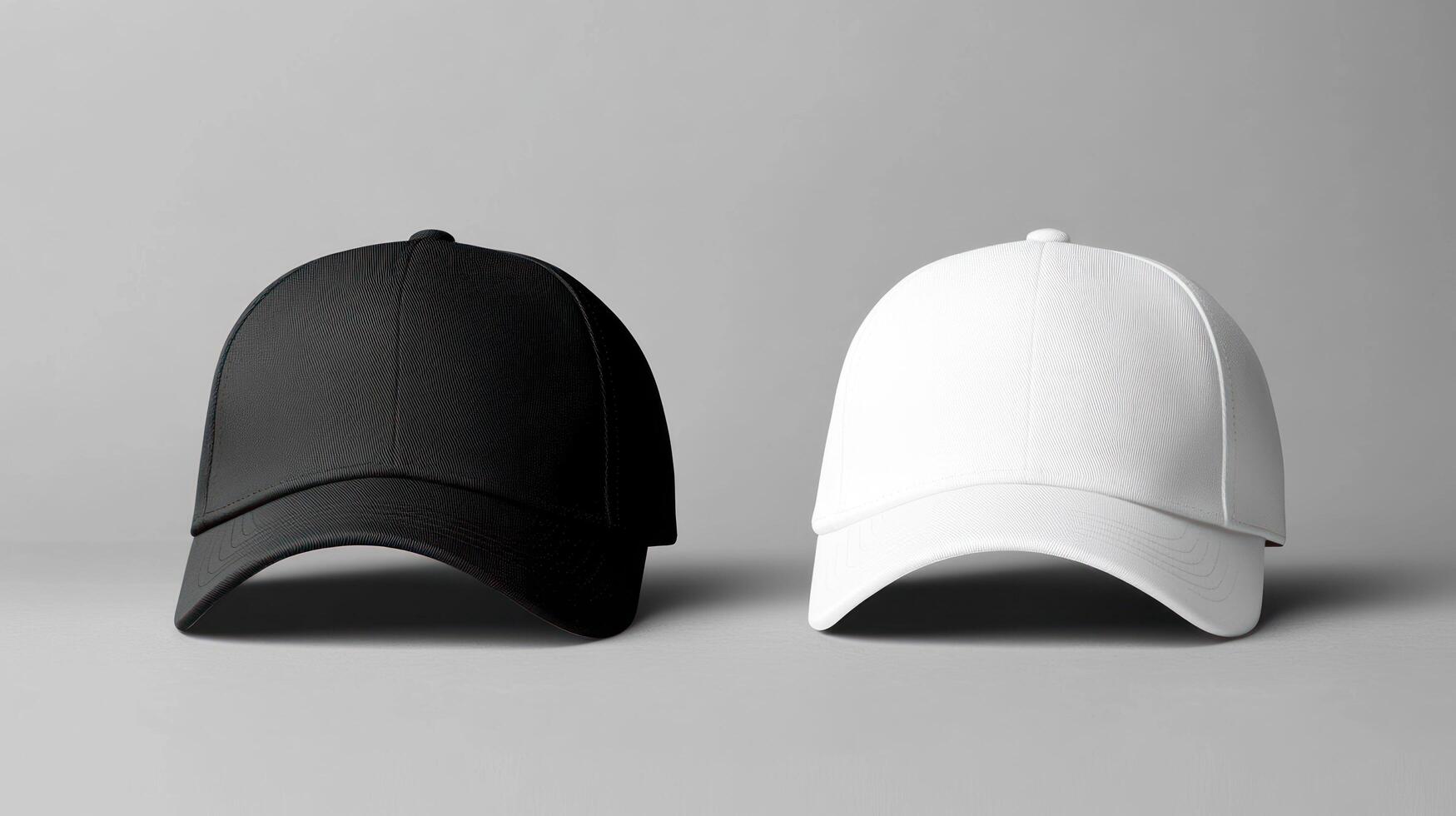 Two Blank Baseball Caps, Black and White, on Gray Background photo