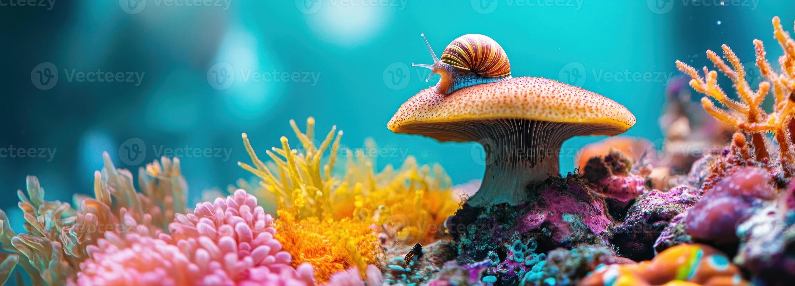 A Colorful Snail Perched on a Mushroom in a Vibrant Underwater World photo